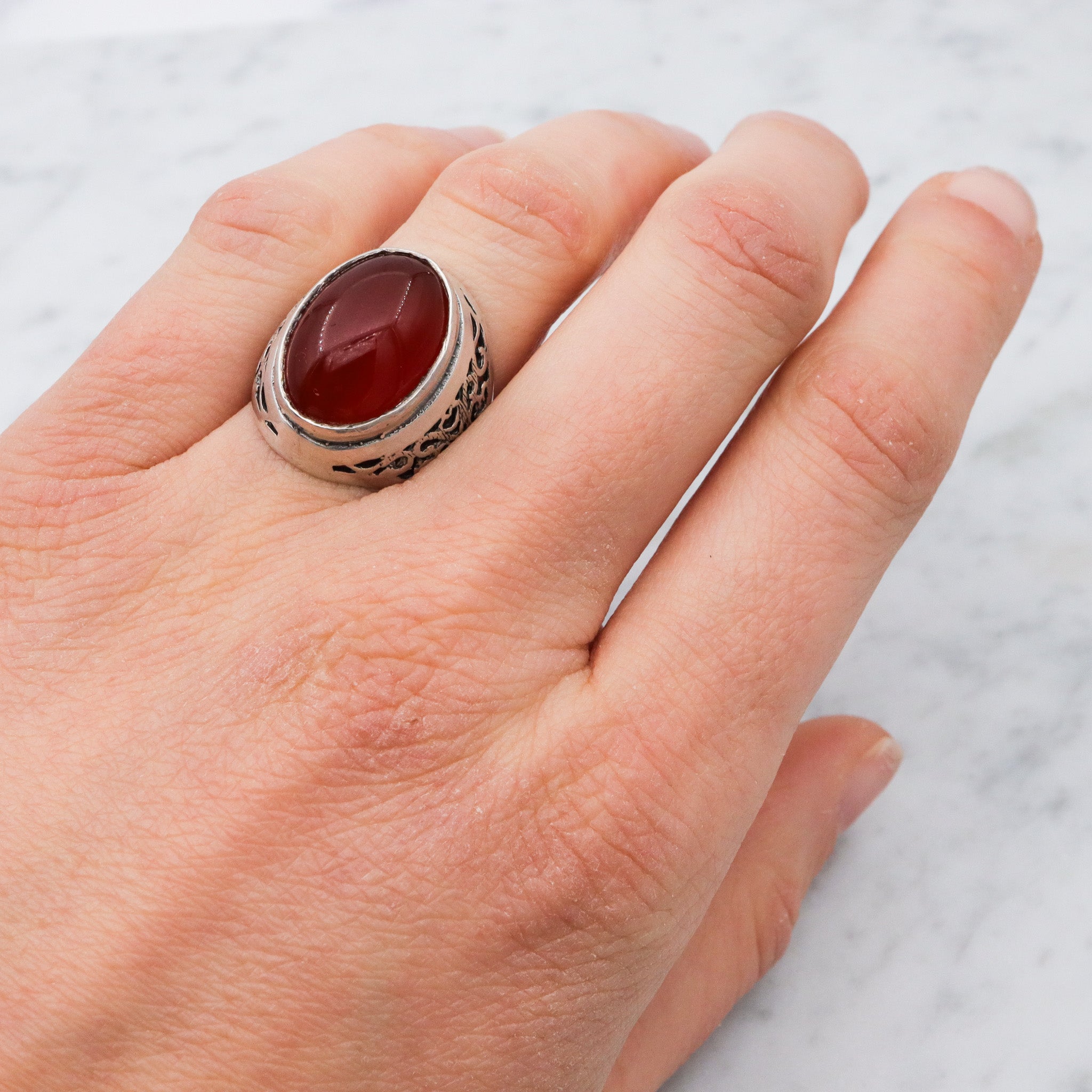 Vintage sterling silver filigree and carnelian ring, sz 7